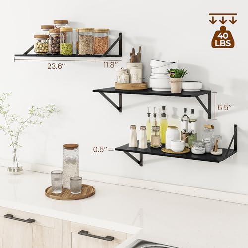 Heimlove 24W x 12D Deep Floating Shelves Set of 3 Black