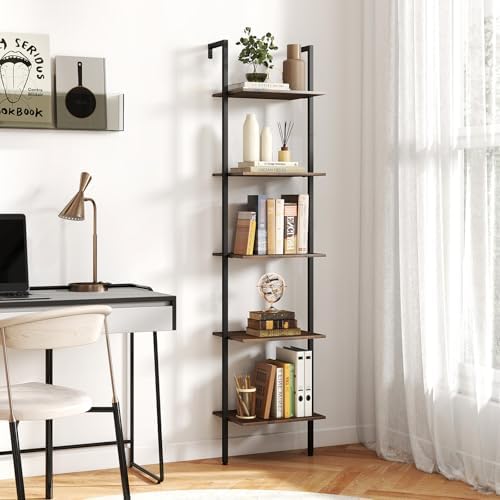 GIANTEX 5 Tier Ladder Shelf, Wall Mount Bookshelf with Anti-Tipping Kits & Metal Frame, Industrial Decorative Bookcase, 