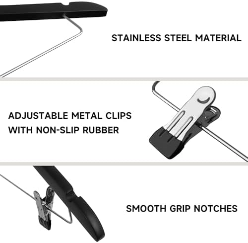 Wooden Hangers with Adjustable Metal Clips, 12-Pack, Black