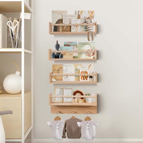 BOMID Wall Bookshelves,Set of 4 Natural Wood Floating Bookshelf,Nursery Shelves,Floating Book Shelves for Wall(Burlywood)