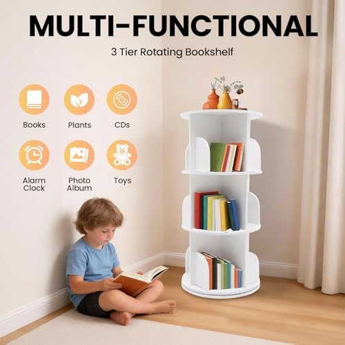 3-Tier Rotating Bookshelf,360° Spinning Corner Bookcase,Floor Standing Revolving Bookcase Storage Rack Narrow Book Shelf