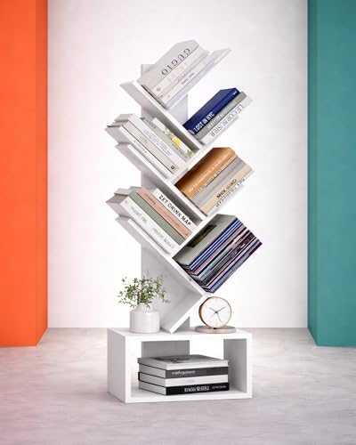 XBurmo 6 Tier Tree Bookshelf - Small Bookcase, Compact Book Tower with Drawer, Corner Bookshelf for Bedroom, Living Room