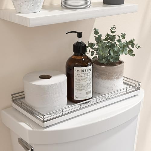 Oak Bathroom Toilet Tank Tray, 13" Wood Back of Toilet Paper Basket Tank Topper Storage, Vanity Tray for Perfume Makeup 