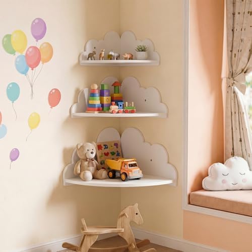 Novabright 3 Pack Cloud Floating Corner Shelves, 9/10/12 Inch Wall Mounted Corner Shelves for Room & Nursery Decor, Cute
