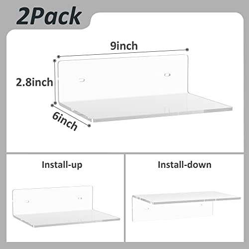 Sezanrpt 9 Inches Acrylic Wall Shelves 2 Pack, Floating Shelf for Wall Mounting, Acrylic Display Ledges for Funko Pop Figures, Home Décor, Living Room, Gaming Room, Plants(9 inch, Clear)
