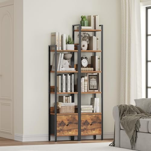 MAHANCRIS Bookshelf, 5-Tier Bookcase with Drawer, Small Book Shelf for Small Space, Storage Shelf Organizer, for Living 