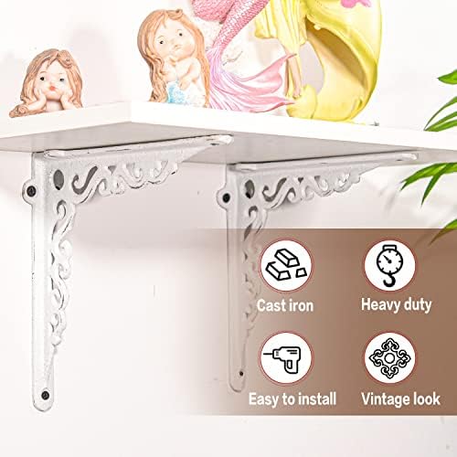 Sungmor Cast Iron Shelf Brackets - 90° Right Angle 2PC White & 7.3 Inch