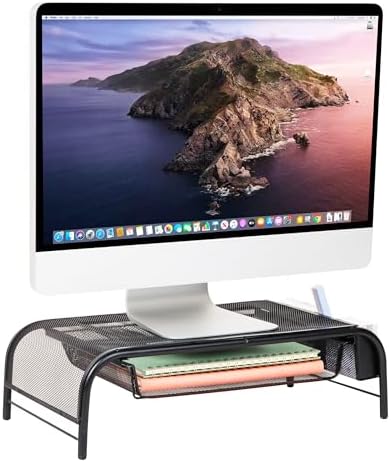 Mind Reader Monitor Stand, Ventilated Laptop Riser, Paper Tray, Storage, Office, Metal Mesh, 20"L x 11.5"W x 5.5"H, Blac