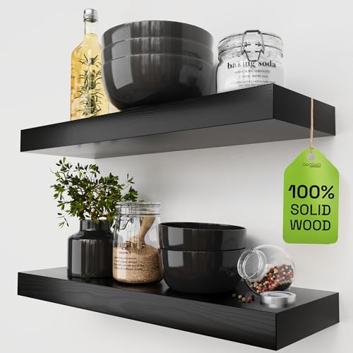 Solid Wood Floating Shelves for Wall 20 Inch Black, Wooden Bathroom Shelf