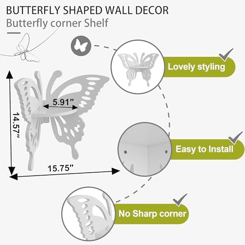 2-Tier Butterfly Corner Shelf - Nursery Wall Deor Floating Corner Shelf for Kid’s Room, Small Cute Decorative Shelf Wall