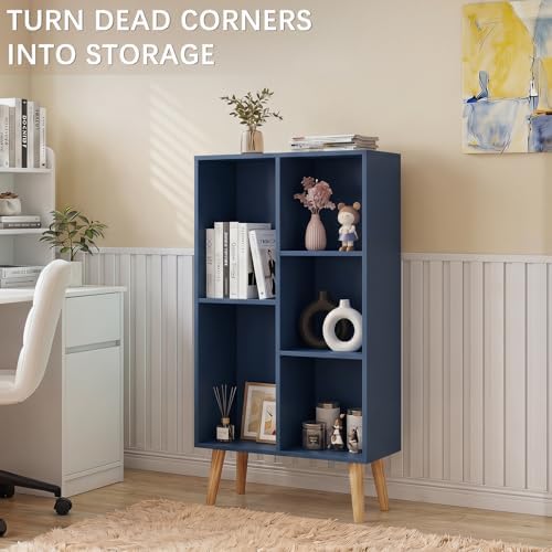 YAHARBO Small Dark Blue Bookshelf,3 Tier Modern Kids Bookcase with Legs,5 Cube Wooden Bookshelves Storage Shelf,Book She