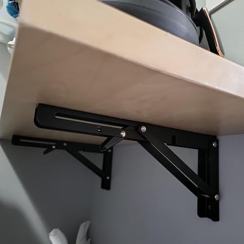 6 PCS 8 Inch Black Folding Shelf Brackets, Folding Shelf Hinge Wall Mounted, Heavy Duty Metal Collapsible Shelf Bracket 