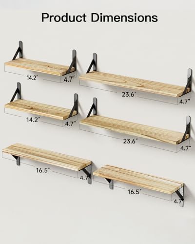 Amada Solid Paulownia Wood Wall Shelves, Large Size, 6 Pcs, Natural Wood