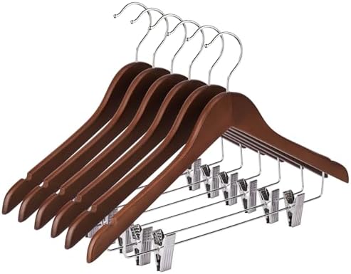 Wooden Hangers with Clips 24 Pack Wooden Pants Hangers,Skirt Hangers with Clips,Adjustable Heavy Duty Clip Hangers,Hangers for Pants,Jeans,Slacks,Shorts （Walunt）
