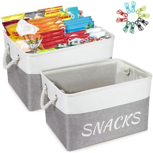 Snack Organizer for Pantry, Decorative Snack Basket with 10pcs Chip Clips, Snack Organizer for Desktop, Collapsible Shel