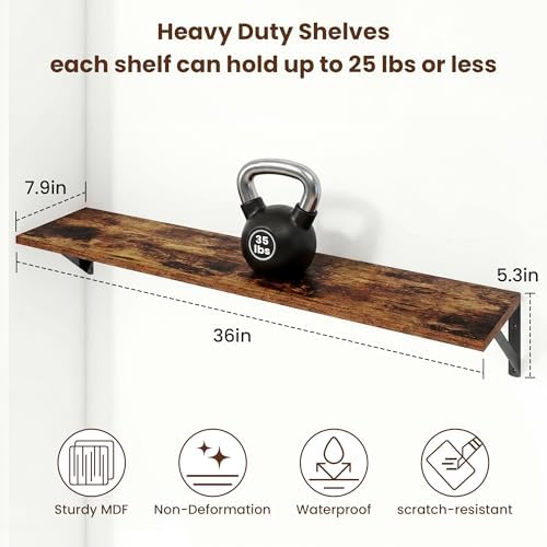Axeman 36 Inch Floating Shelves, 8 Inch Deep Brown Wall Shelves Set of 2