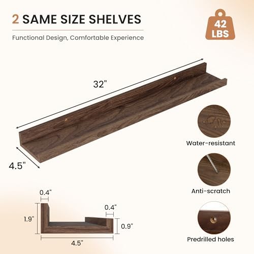 Dreamland Picture Ledge Shelf for Wall, Floating Shelves Set of 2, 32 Inch Long Floating Shelves with Lip for Living Room, Bedroom, Bathroom, Kitchen, Walnut