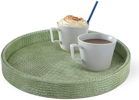 HofferRuffer Faux Leather Round Serving Tray, Vegan Croco Leather Decorative Food Tray for Storage Drinks, Snack & Cosme