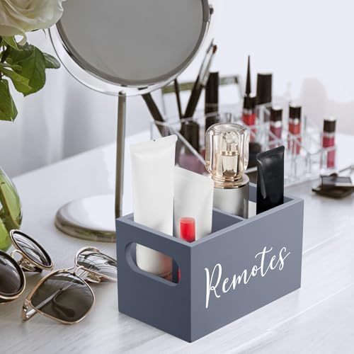 DRASTAR Remote Control Holder, Wood TV Remote Holder, Remote Storage Caddy, Remote Control Organizer (Gray, 2 Slots)