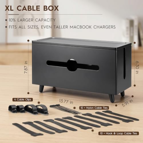 Extra Large Cable Management Box，Wood Cable Organizer Box,Power Strip Box & Organizer for Power Strip, TV Wires & Desk C