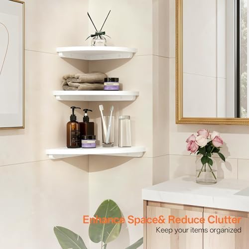 Gieanoo Floating Corner Shelves Set 2 12inch White Solid Oak Rounded Corner Shelves Wall Mounted with Cable Hole Wood Co