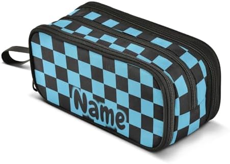 Custom Black Blue Checkered Pattern Pencil Case Box Boys Girls Personalized Name Large Pencil Pouch Stationery Pen Bag Organizer for Kids Adults School Office
