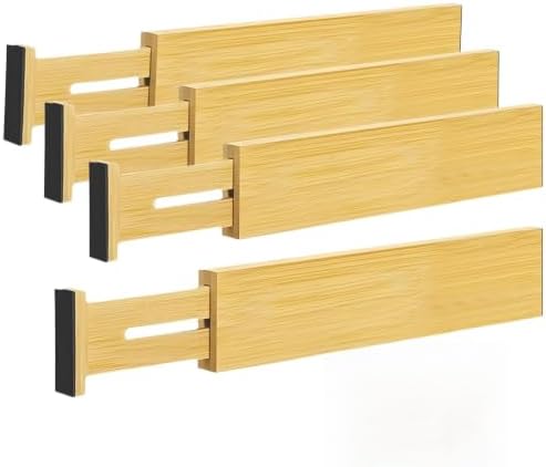 4 PCS Expandable Wooden Drawer Dividers, 2.6 in High Adjustable Wood Drawer Organizers, 12.5 to 17.5 in Spring Loaded Se
