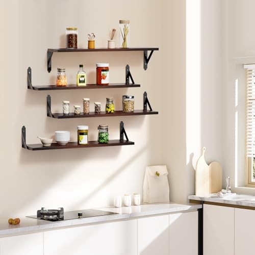 ROMGUAR CRAFT Wood Wall Floating Shelves Set of 4, 23.6" x 6" - Brown