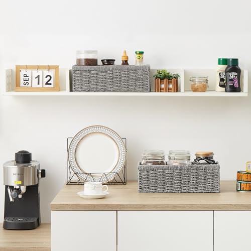 Vagusicc Wicker Storage Basket, Paper Rope Wicker Baskets with Handles, Toilet Paper Basket for Toilet Tank Top, Small Wicke Baskets for Organizing Shelves, 2-Pack, Grey