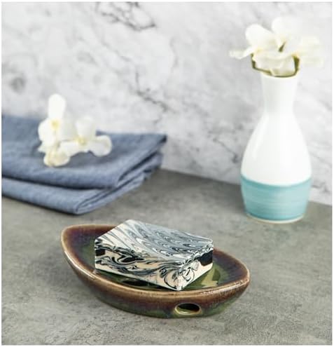 Ceramic Soap Dish with Self Draining Tray for Bar Soap, Bathroom, Kitchen (Green No.2)