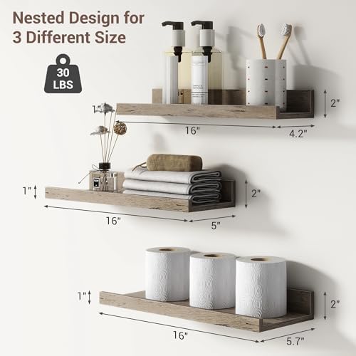 Axeman Picture Ledge Shelf, 16 Inch Grey Floating Shelves Set of 3