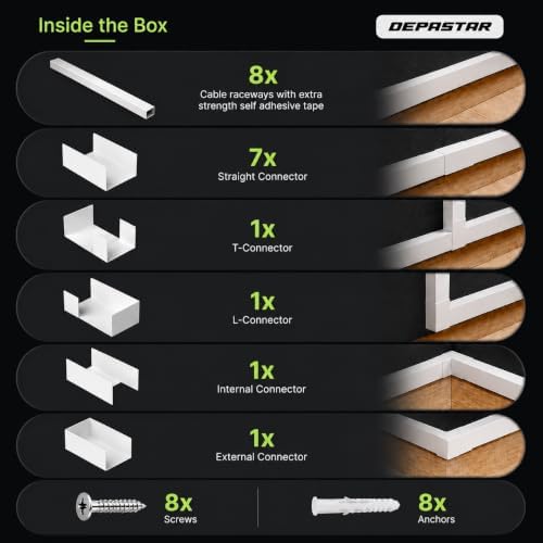 315” Cord Hider Kit, Gray Cable Raceway for Wall Mounted TV Wires, Wire Cover with Adhesive Tape, Screws and Connectors 