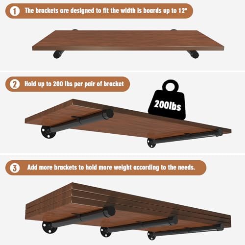 12" Industrial Pipe Shelf Brackets 6 Pack Iron Shelf Bracket Floating Iron Shelves Black Shelving Bracket Heavy Duty for