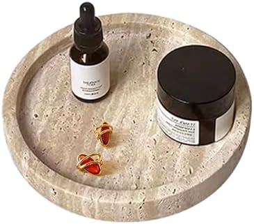 5.9" Round Travertine Tray, Small Marble Jewelry Dish Vanity Tray Beige