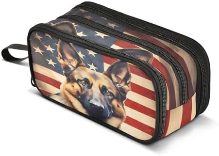Dog German Shepherd American Flag Pencil Case Box Boys Girls Large Pencil Pouch Zipper Compartments Big Capacity Stationery Pen Bag Organizer for Kids Teens Adults School