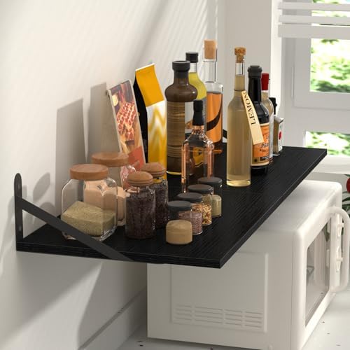 Black Deep Floating Shelves for Wall, 16" W x 12" D Wood Shelf Set of 2, Bookshelf Wall Mounted Hanging Shelves for Livi