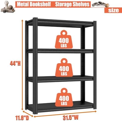 Metal Bookshelf, 4 Tier Corner Bookcase, Adjustable Steel Storage Shelving