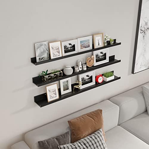 Giftgarden 47 Inch Black Floating Shelves Ledge, Wall Mount Long Picture Rail Large Woodgrain Photo Shelving for Living 