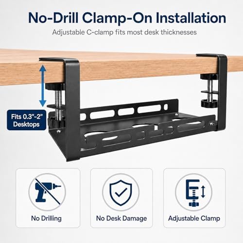 Under Desk Cable Management Tray, 15.75" No Drill Clamp-On Metal Cable Tray for Power Strip, Compact Under Desk Cord Org
