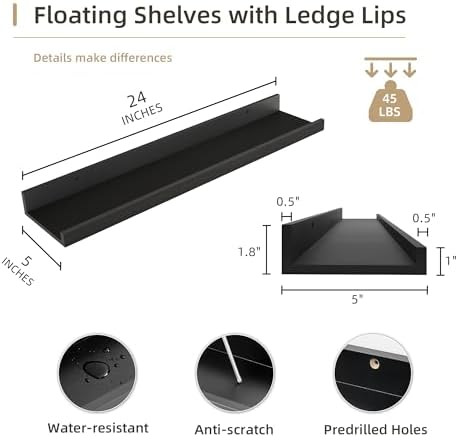 Acovy 24 inch Picture Ledge Shelf, Wood Floating Shelves Set of 4, Black