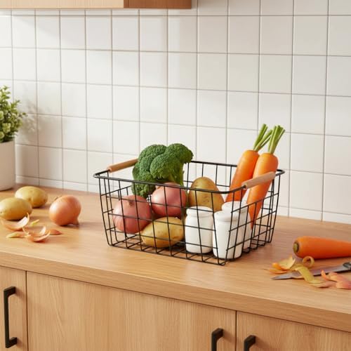 Metal Black Wire Basket,Food Storage Organizer with Wooden Handles, pantry organizers and storage for Kitchen shelf Cabi