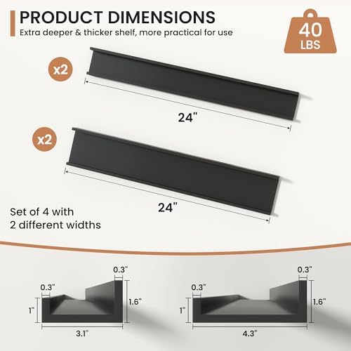 Fun Memories Picture Ledge Shelves Set of 4, 24 Inch Rustic Wall Mounted Floating Shelves with Lip for Home Storage and 