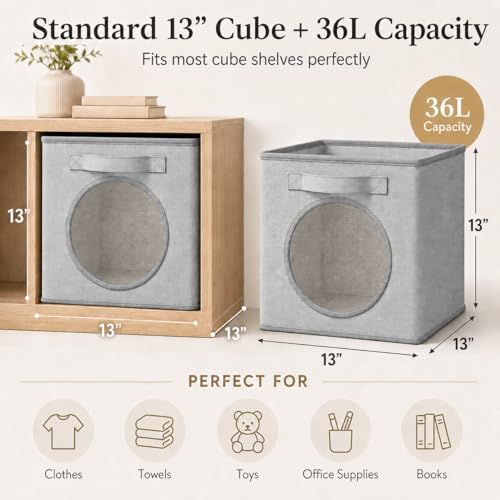 Fabric Storage Cubes with Mesh Window, 13'' Cube Storage Bin, Gray, 4 Pack