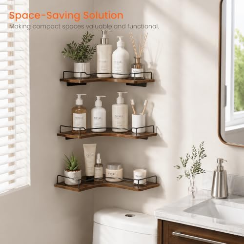 Homode L-Shaped Corner Floating Shelves Wall Mounted Set of 3, Rustic Brown