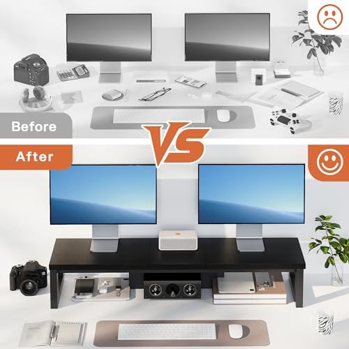Dual Monitor Stand Riser, Wood and Steel Monitor Stand for Desk, Multi-Purpose Desk Shelf Organizer for Computer, Laptop