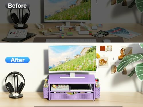 Spacrea Computer Monitor Stand with Drawer and 2 Pen Holders, Purple