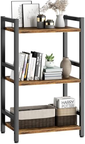 Book Shelf, 3 Tier Bookcase with Steel Frame, Stable Bookshelf Narrow Book Shelves Storage Organizer for Book CD Movie, 