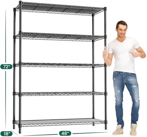 48" W Garage Shelving 1875LBS Heavy Duty Wire Shelving Unit, Metal 5-Tier Adjustable Steel Storage Rack with Liners, Sto