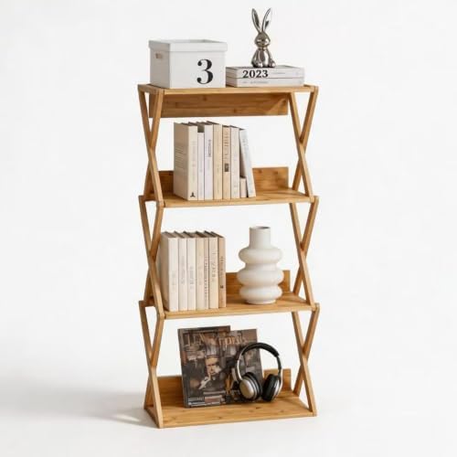 Aniston Bookshelf, 4 Tier Bamboo Bookcase with Back Panel, Standing Book Shelf for Small Space, Storage Shelves for Livi