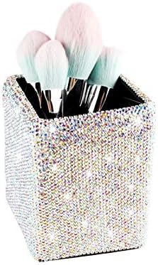 Crystal Pencil Pen Pot Holder Box Bling Rhinestone Pen Organizer Holder Cosmetic Pencil Container Comb Brushes Personalized (Square AB Color)